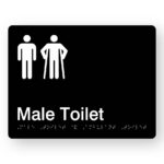 Male Toilet with Ambulant Symbol Braille Sign in Black Acrylic. Black Sign panel with White Male & Male Ambulant Symbol. White text reads Male Toilet. Braille Text is shown
