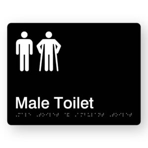 Male Toilet with Ambulant Symbol Braille Sign in Black Acrylic. Black Sign panel with White Male & Male Ambulant Symbol. White text reads Male Toilet. Braille Text is shown