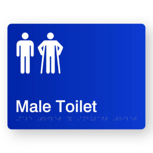 Male Toilet with Male Ambulant Symbol Braille sign in Blue Acrylic. Blue Sign panel with white Male & male Ambulant Symbol. White text reads Male Toilet. Braille Text is shown