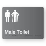 Male Toilet with Male Ambulant Symbol Braille Sign in Grey Acrylic. Grey Sign panel with White Male & Male Ambulant Symbol. White text reads Male Toilet. Braille Text is Shown