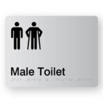 Male Toilet with Male Ambulant Symbol Braille Sign in Silver Acrylic. Silver Sign panel with Black Make & Male Ambulant Symbol. Black Text reads Male Toilet. Braille Text is shown