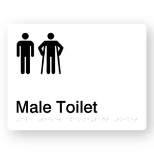Male Toilet with Male Ambulant Symbol Braille Sign in White Acrylic. White Sign panel with Black Male & male Ambulant Symbols. Black Text reads Male Toilet. Braille text is shown
