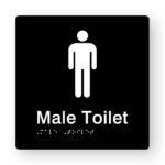 Male Toilet Braille Sign in Tactile Printed Black Acrylic. Black Sign panel with white Male Symbol & Text that reads Male Toilet. White braille text is shown