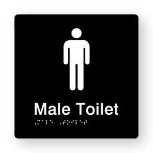 Male Toilet Braille Sign in Tactile Printed Black Acrylic. Black Sign panel with white Male Symbol & Text that reads Male Toilet. White braille text is shown