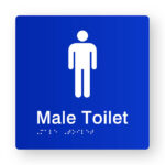 Male Toilet Braille Sign in Blue Tactile Printed Acrylic. Blue Sign panel with White male Symbol. White text reads Male toilet, white Braille text is shown