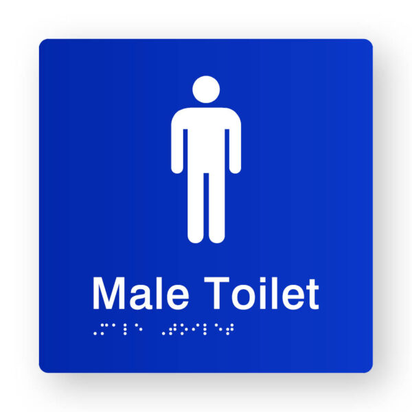 Male Toilet Braille Sign in Blue Tactile Printed Acrylic Male Toilet Braille Sign in Blue Tactile Printed Acrylic. Blue Sign panel with White male Symbol. White text reads Male toilet, white Braille text is shown
