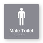 Male Toilet Braille Sign in Grey Tactile Printed Acrylic. Grey Sign panel with White Male Symbol, White text reads Male Toilet. White braille text is shown