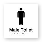 Male Toilet Braille Sign in Tactile printed White Acrylic. White Sign panel with Black Male Symbol. Black text reads Male Toilet. Braille text is shown