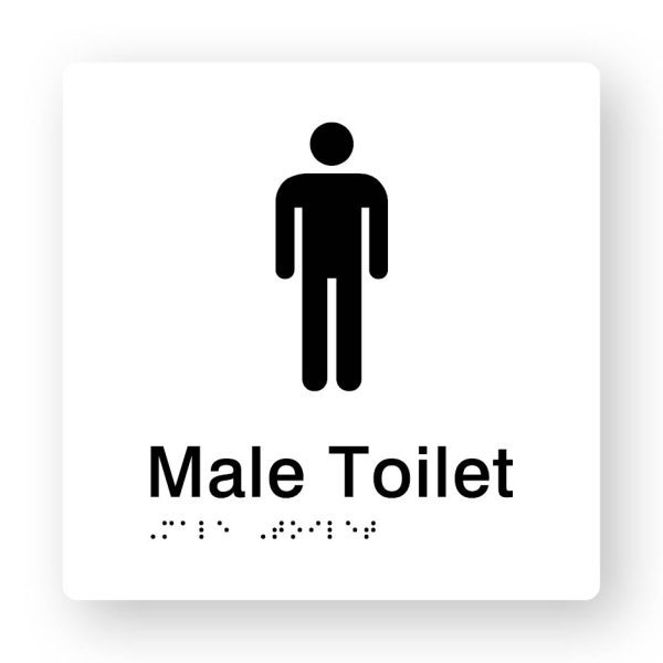 Male Toilet Braille Sign in Tactile printed White Acrylic Male Toilet Braille Sign in Tactile printed White Acrylic. White Sign panel with Black Male Symbol. Black text reads Male Toilet. Braille text is shown