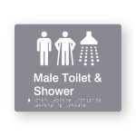 Male Toilet & Shower Braille Sign in tactile printed Grey Acrylic. Grey Sign panel with White Male, Male Ambulant & Shower Symbols. White text reads Male Toilet & Shower. White Braille is shown