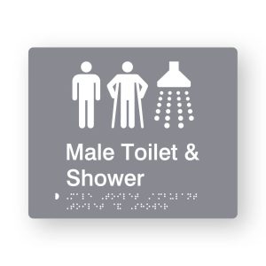 Male Toilet & Shower Braille Sign in tactile printed Grey Acrylic. Grey Sign panel with White Male, Male Ambulant & Shower Symbols. White text reads Male Toilet & Shower. White Braille is shown