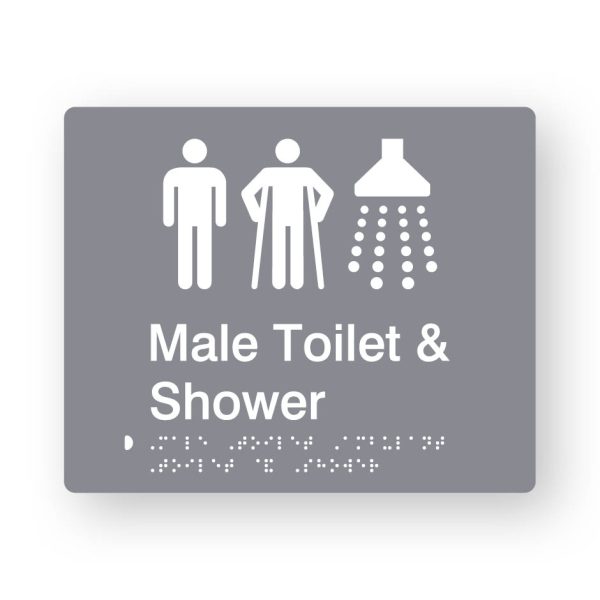 Male Toilet & Shower Braille Sign in tactile printed Grey Acrylic Male Toilet & Shower Braille Sign in tactile printed Grey Acrylic. Grey Sign panel with White Male, Male Ambulant & Shower Symbols. White text reads Male Toilet & Shower. White Braille is shown