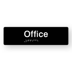 Office Braille Sign in Tactile Printed Black Acrylic. Black Sign panel with White Text that reads Office. White Braille Text is shown