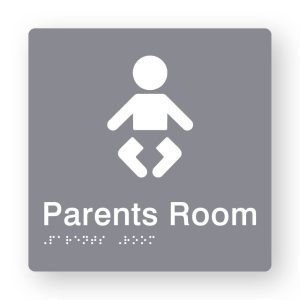 Parents Room Braille Sign in Grey Tactile printed Acrylic. Grey Sign panel with white Baby Symbol. White Text reads Parents Room. White Braille Text is shown