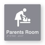 Parents Room Braille Sign in Grey Tactile printed Acrylic. Grey Sign panel with white Changing Baby Symbol. White Text reads Parents Room. White Braille Text is shown
