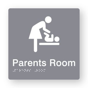 Parents Room Braille Sign in Grey Tactile printed Acrylic. Grey Sign panel with white Changing Baby Symbol. White Text reads Parents Room. White Braille Text is shown