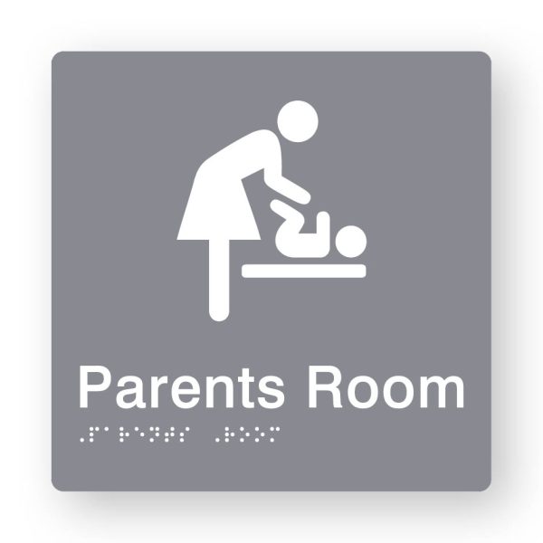 Parents Room Braille Sign in Grey Tactile printed Acrylic Parents Room Braille Sign in Grey Tactile printed Acrylic. Grey Sign panel with white Changing Baby Symbol. White Text reads Parents Room. White Braille Text is shown
