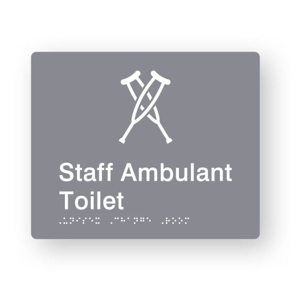 Staff Ambulant Toilet Braille Sign in Grey Tactile printed Acrylic Staff Ambulant Toilet Braille Sign in Grey Tactile printed Acrylic. Grey Sign panel with white Ambulant Symbol. White Text reads Staff Ambulant Toilet. White Braille Text is shown