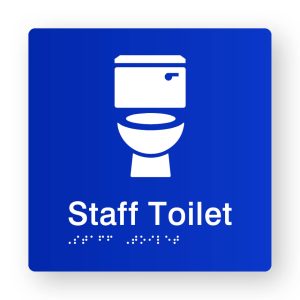 Staff Toilet Braille Sign in Blue Tactile Printed Acrylic. Blue Sign Panel with White Toilet Symbol. White text reads Staff Toilet. White Braille text is shown