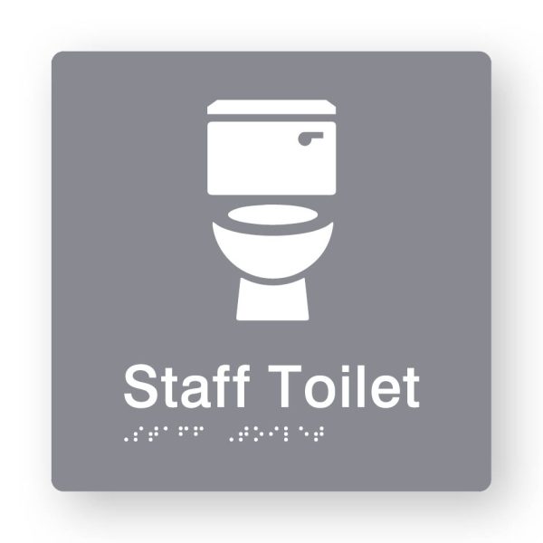 Staff Toilet Braille Sign in Grey Tactile printed Acrylic Staff Toilet Braille Sign in Grey Tactile printed Acrylic. Grey Sign panel with white Toilet Symbol. White Text reads Staff Toilet. White Braille Text is shown