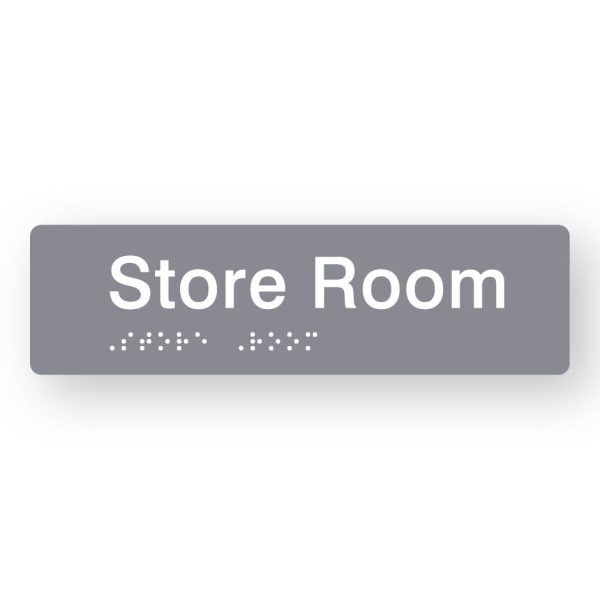Store Room Braille Sign in Tactile printed Grey Acrylic Store Room Braille Sign in Tactile printed Grey Acrylic. Grey Sign panel with White Text that reads Store Room. Black Braille is shown