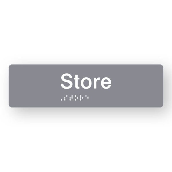 Store Braille Sign in Tactile printed Grey Acrylic Store Braille Sign in Tactile printed Grey Acrylic. Grey Sign panel with White Text that reads Store. Black Braille is shown