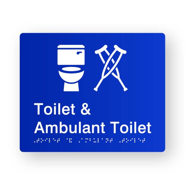 Toilet & Ambulant Toilet Braille Sign in Blue Tactile Printed Acrylic Toilet & Ambulant Toilet Braille Sign in Blue Tactile Printed Acrylic. Blue Sign panel with White Toilet 7 Crutches Symbol. White text reads Toilet & Ambulant Toilet. Braille text is shown