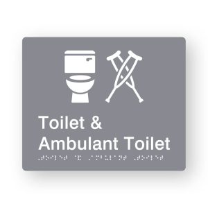 Toilet & Ambulant Toilet Braille Sign in Grey Tactile printed Acrylic. Grey Sign panel with white Toilet & Ambulant Symbol. White Text reads Toilet & Ambulant Toilet. White Braille Text is shown