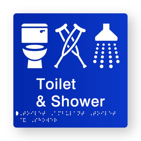 Toilet, Ambulant Toilet & Shower Braille Sign in Blue Tactile Printed Acrylic Toilet, Ambulant Toilet & Shower Braille Sign in Blue Tactile Printed Acrylic. Blue Sign panel with White Toilet, Crutches & Shower Symbols. White Text reads Toilet & Shower. White Braille Text is Shown