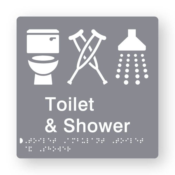 Toilet & Shower Braille Sign in Grey Tactile printed Acrylic Toilet & Shower Braille Sign in Grey Tactile printed Acrylic. Grey Sign panel with white Toilet, Ambulant & Shower Symbol. White Text reads Toilet & Shower. White Braille Text is shown