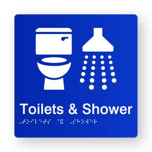 Toilets & Shower Braille Sign in Tactile Printed Blue Acrylic. Blue Sign panel with White Toilet & Shower Symbol. White text reads Toilets & Shower. Braille text is shown
