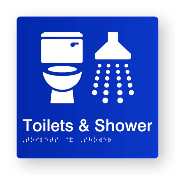 Toilets & Shower Braille Sign in Tactile Printed Blue Acrylic. Blue Sign panel with White Toilet & Shower Symbol. White text reads Toilets & Shower. Braille text is shown