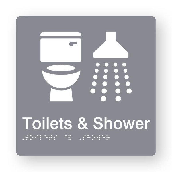 Toilet & Shower Braille Sign in Grey Tactile printed Acrylic Toilet & Shower Braille Sign in Grey Tactile printed Acrylic. Grey Sign panel with white Toilet & Shower Symbol. White Text reads Toilet & Shower. White Braille Text is shown