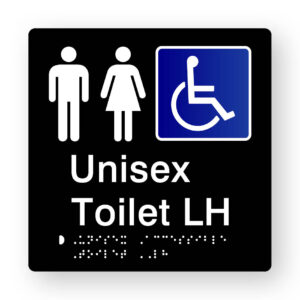 Unisex Accessible Toilet LH Braille Sign in Tactile Printed Black Acrylic. Black Sign panel with White Male Female Symbols, Blue & White Accessible Symbol. White text reads unisex Toilet LH. White braille text is shown