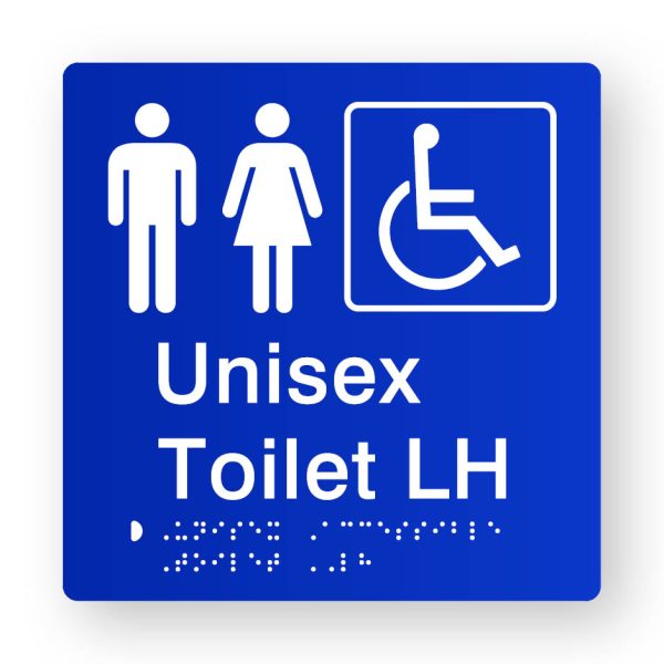 Unisex Accessible Toilet LH Braille Sign in Tactile Printed Blue Acrylic Unisex Accessible Toilet LH Braille Sign in Tactile Printed Blue Acrylic. Blue Sign Panel with White male, Female & Accessible Symbols. White text reads Unisex Toilet LH. White Braille text is Shown
