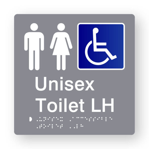 Unisex Accessible Toilet LH Braille Sign in Grey Tactile Printed Acrylic Unisex Accessible Toilet LH Braille Sign in Grey Tactile Printed Acrylic. Grey Sign panel with White male & Female Symbols, Blue & White accessible symbol. White text reads Unisex Toilet LH. White Braille text is shown