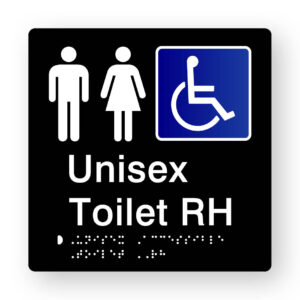Unisex Accessible Toilet RH Braille Sign in Tactile Printed Black Acrylic. Black Sign panel with White Male Female Symbols, Blue & White Accessible Symbol. White text reads unisex Toilet RH. White braille text is shown