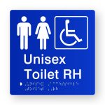 Unisex Accessible Toilet RH Braille Sign in Tactile Printed Blue Acrylic. Blue Sign Panel with White male, Female & Accessible Symbols. White text reads Unisex Toilet RH. White Braille text is Shown