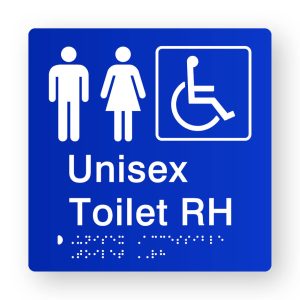 Unisex Accessible Toilet RH Braille Sign in Tactile Printed Blue Acrylic. Blue Sign Panel with White male, Female & Accessible Symbols. White text reads Unisex Toilet RH. White Braille text is Shown
