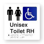 Unisex Accessible Toilet RH Braille Sign in Tactile Printed White Acrylic. White Sign Panel with Black male, Female Symbols, White on Blue Accessible Symbol. Black text reads Unisex Toilet RH. Black Braille text is Shown