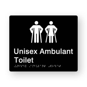 Unisex Ambulant Toilet Braille Sign in Tactile printed Black Acrylic. Black Sign panel with White Male & Female Ambulant Symbols. White text reads Unisex Ambulant Toilet. White braille text is shown