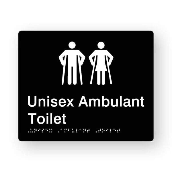 Unisex Ambulant Toilet Braille Sign in Tactile printed Black Acrylic. Black Sign panel with White Male & Female Ambulant Symbols. White text reads Unisex Ambulant Toilet. White braille text is shown