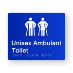 Unisex Ambulant Toilet Braille Sign in Blue Tactile printed Acrylic. Blue Sign panel with White Male & female Ambulant Symbol. White text reads Unisex Ambulant Toilet. White Braille text is shown