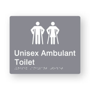 Unisex Ambulant Toilet Braille Sign in Tactile Printed Grey Acrylic. Grey Sign panel with white male ambulant & female ambulant symbols. White text reads Unisex Ambulant Toilet. White Braille Text is shown