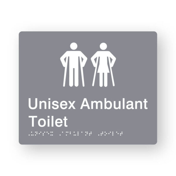 Unisex Ambulant Toilet Braille Sign in Tactile Printed Grey Acrylic Unisex Ambulant Toilet Braille Sign in Tactile Printed Grey Acrylic. Grey Sign panel with white male ambulant & female ambulant symbols. White text reads Unisex Ambulant Toilet. White Braille Text is shown