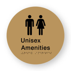 Unisex Amenities Braille Sign on a Tactile Printed Gold Acrylic Disk - Image 1