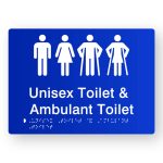 Unisex Toilet & Ambulant Toilet Braille Sign in Blue Tactile Printed Acrylic. Blue Sign panel with White Male, female, Male Ambulant & female Ambulant Symbol. White text reads Unisex Toilet & Ambulant Toilet. White Braille text is shown
