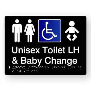 Unisex Accessible Toilet LH & Baby Change Braille Sign in Tactile Printed Black Acrylic., Black Sign panel with White Male, Female & baby Symbol, Blue & White Accessible Symbol. White text reads Unisex Toilet LH & baby Change. White braille text is shown