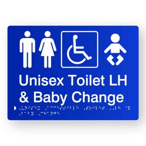 Unisex Accessible Toilet LH & Baby Change Braille Sign in Blue Tactile Printed Acrylic. Blue Sign Panel with White Male, Female Accessible & Baby Symbols. White text reads Unisex Toilet LH & Baby change. White Braille text is shown