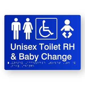 Unisex Accessible Toilet RH & Baby Change Braille Sign in Blue Tactile Printed Acrylic. Blue Sign Panel with White Male, Female Accessible & Baby Symbols. White text reads Unisex Toilet RH & Baby change. White Braille text is shown